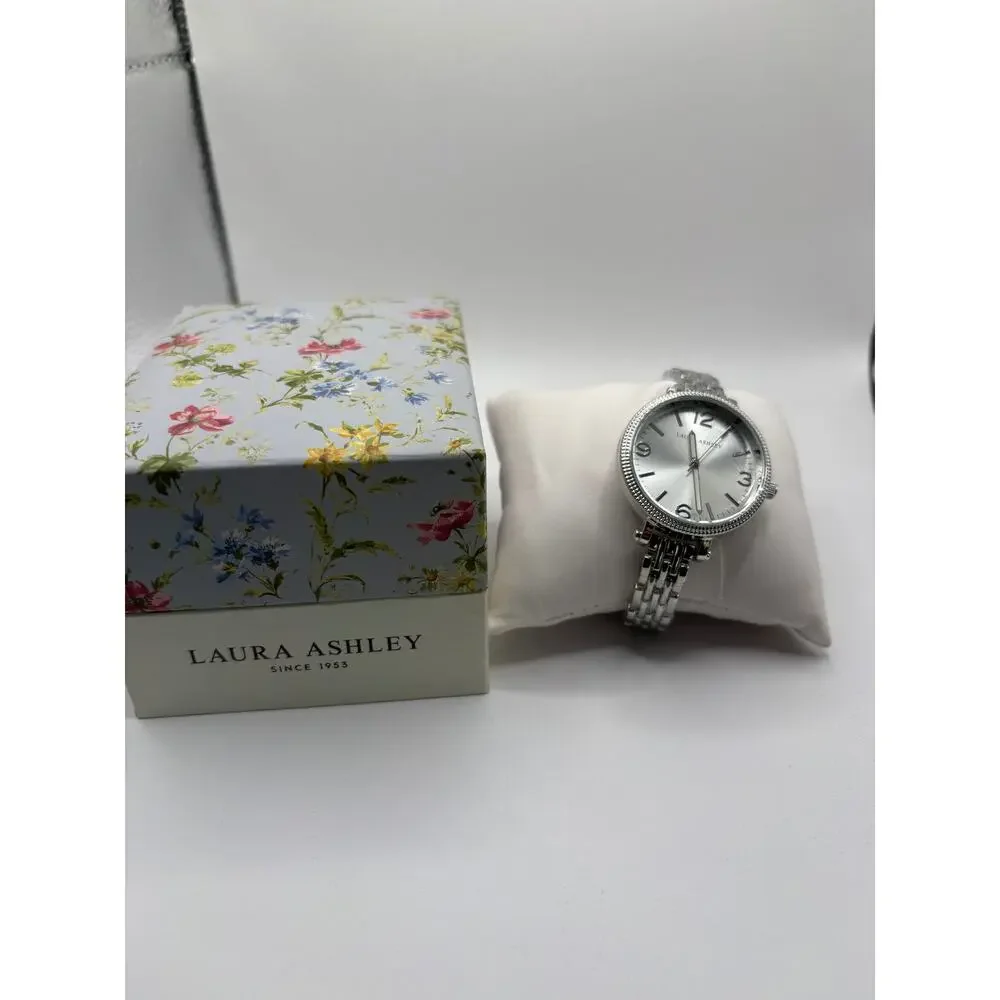 Laura Ashley Silver Tone Watch Round Dial Textured Bracelet Women's